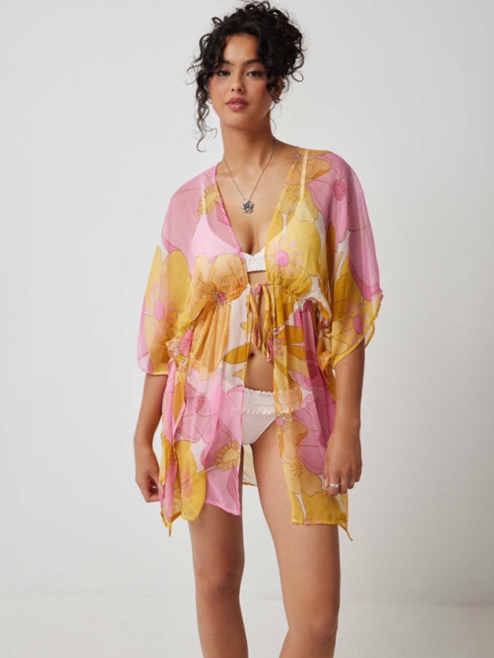 ARDENE Tropical Floral Vacation Beach Sheer Tie Front Bikini Swim Coverup OS